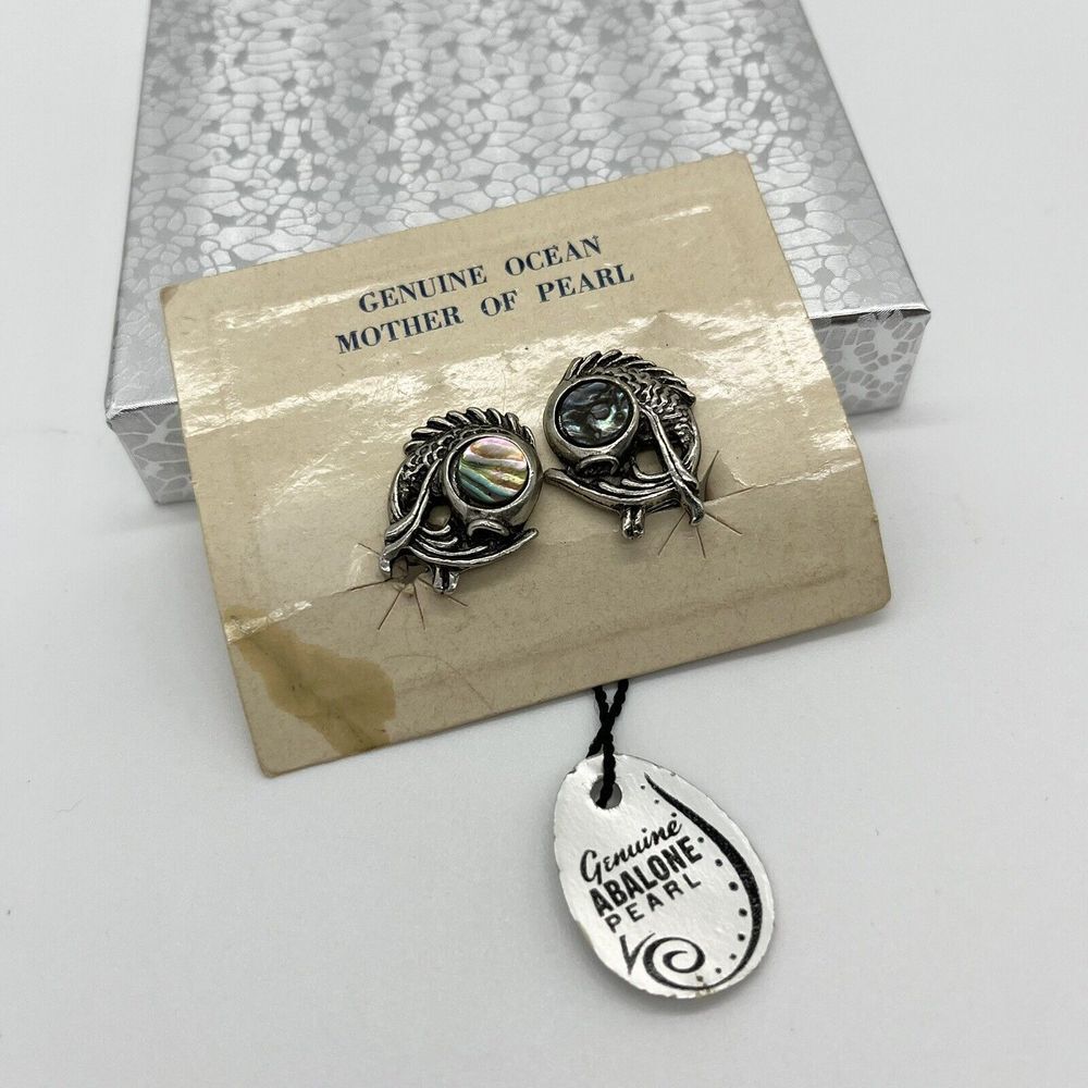 Vintage Genuine Abalone Silver Toned Fish Clip On Earrings Mother‎ Of Pearl
